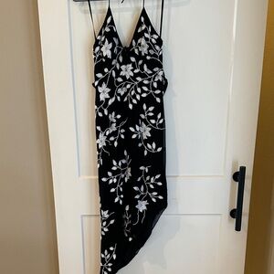 Vintage Y2K cache black 100% silk dress, beaded white flowers, asymmetrical hem
